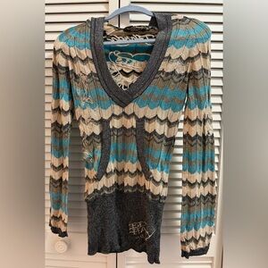 RARE Ed Hardy Women's Zig Zag Embroidered Hoodie Sweater, XS